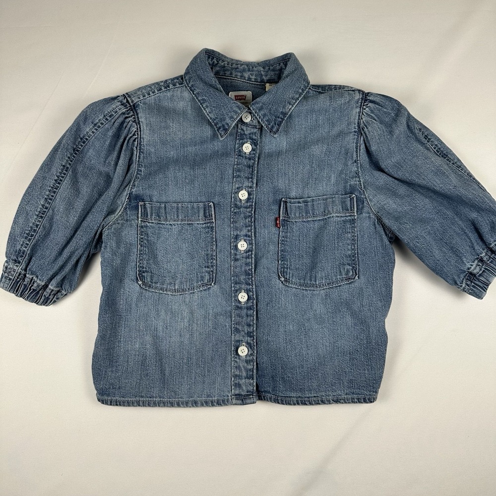 Levis Shirt Women Size XS Blue Denim Short Puff Sleeve Roxy Button Up Cropped